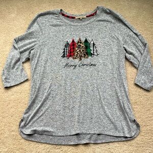 My Danielle Gray Christmas Tree Appliqué Knit Lounge Top - XL - VGUC - Stretch